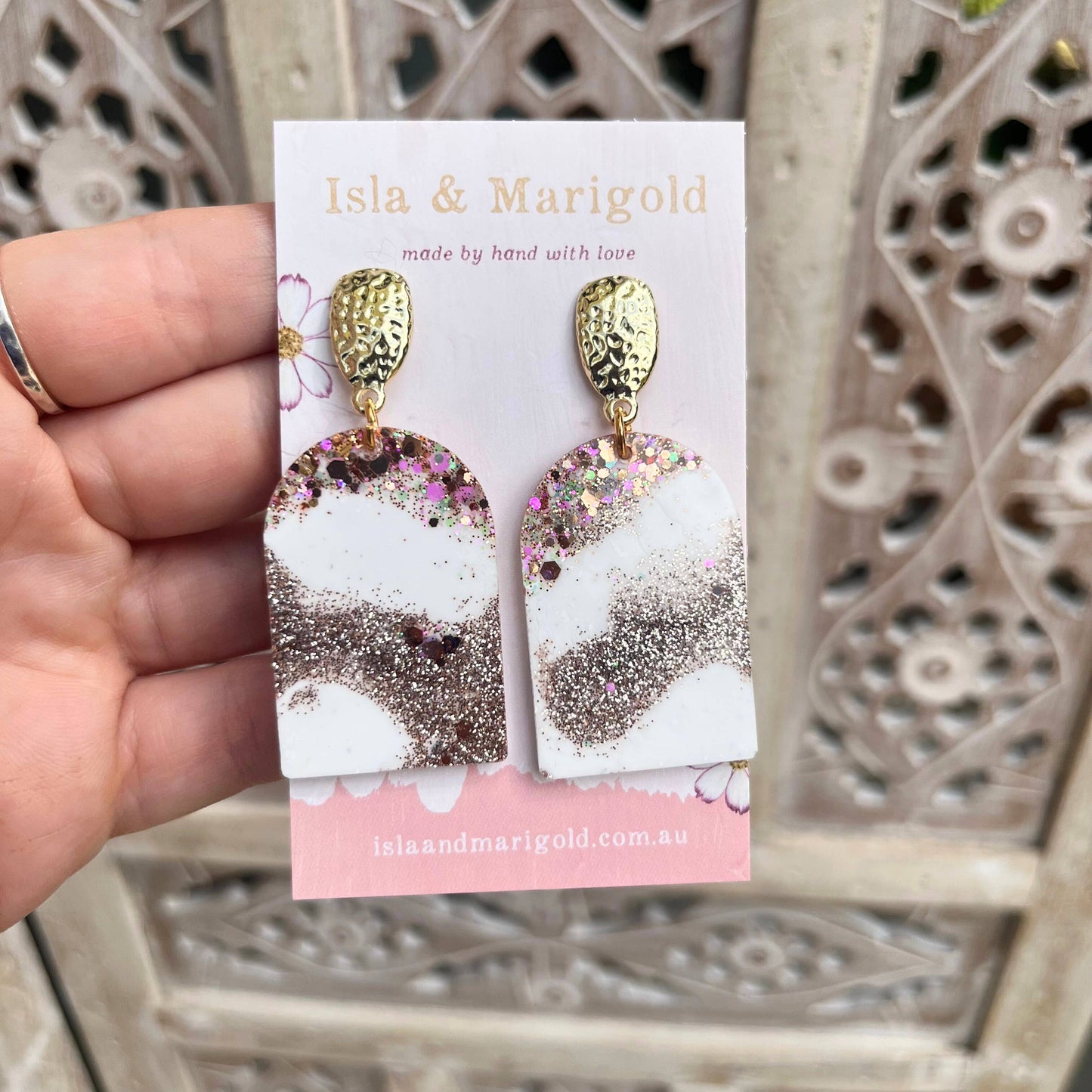 White Bronze Glitter Resin Gold Statement Arch Earrings