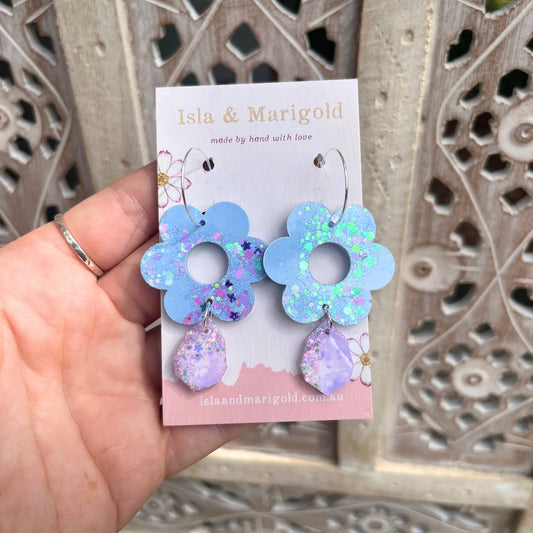 Blue Purple Flower Leaf Resin Glitter Hoop Earrings