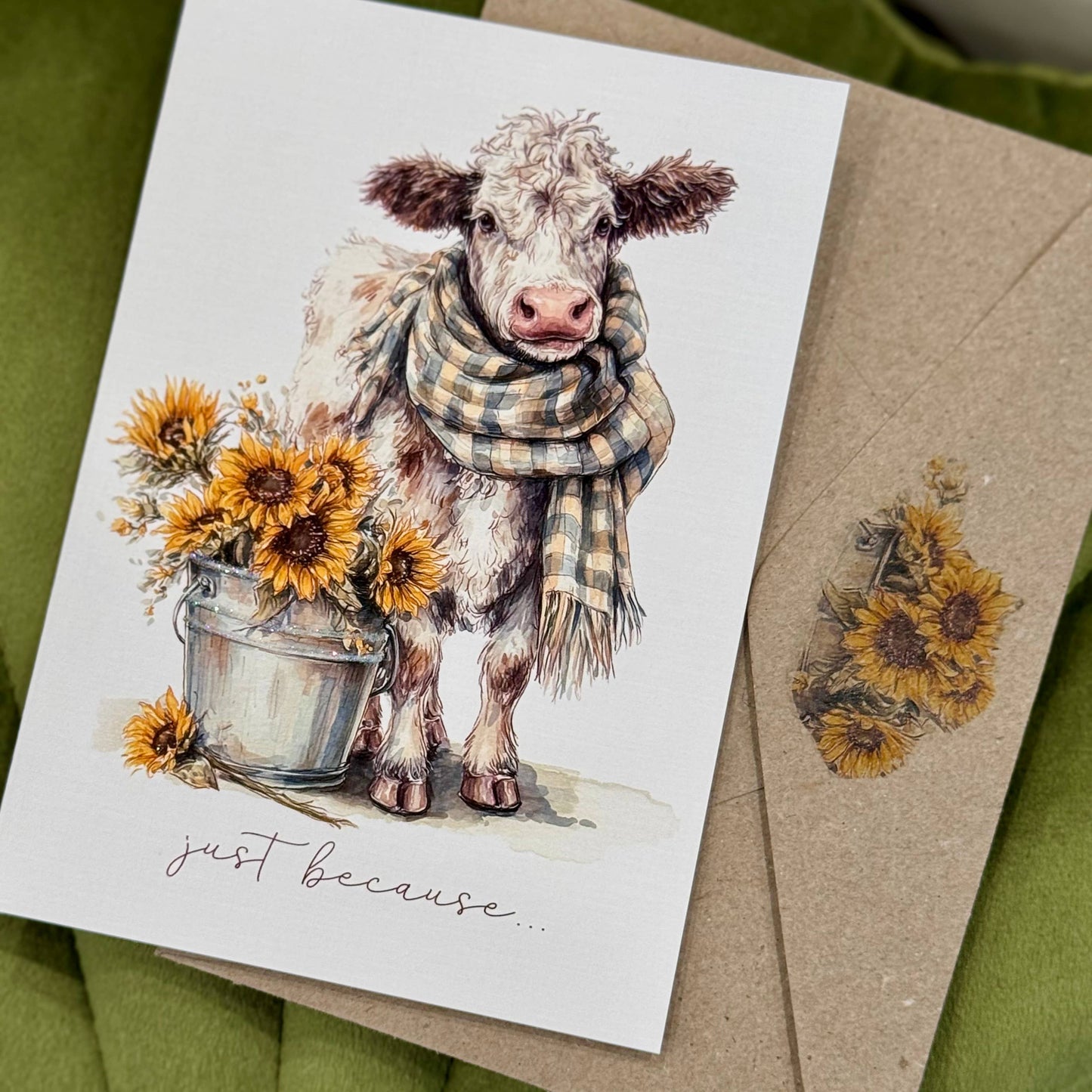 Cow & Sunflowers Greeting Card: Just because