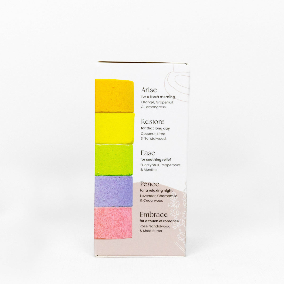 Shower Steamer Treat Pack box standing upright on a white background. The front of the box shows five stacked color blocks in yellow, lime green, purple, and pink on a pale blush base, with product names Arise, Restore, Ease, Peace, and Embrace printed beside them.