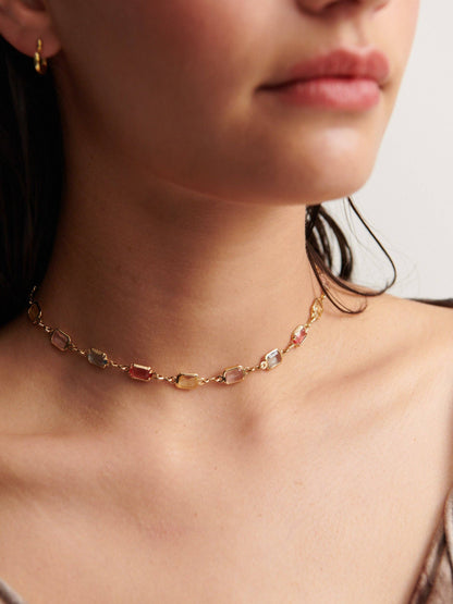 Sorrento Gem 18K gold plated necklace on model, side profile.