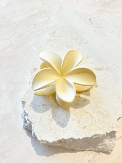 White flower hair claw clip on a textured white surface