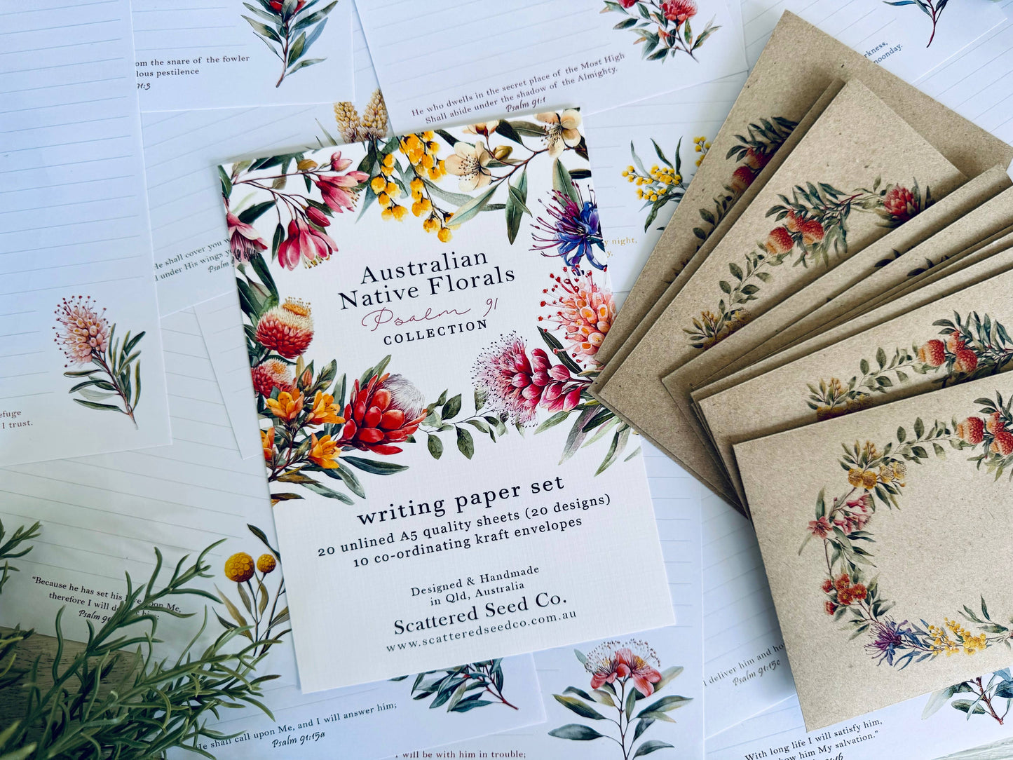 Psalm 91 writing paper set with Australian native floral designs on a white background