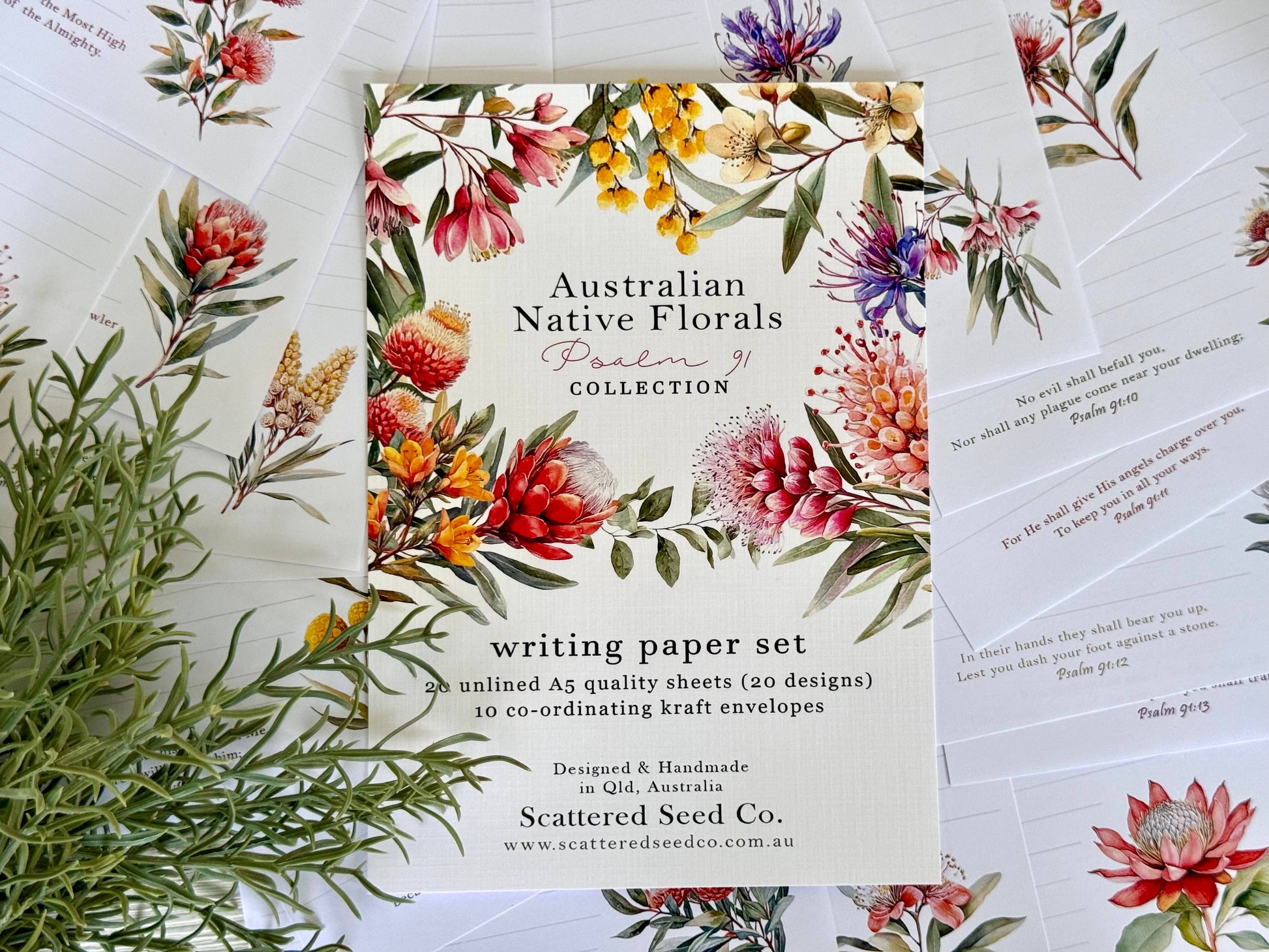 Floral writing paper set with Australian native flowers on a white background
