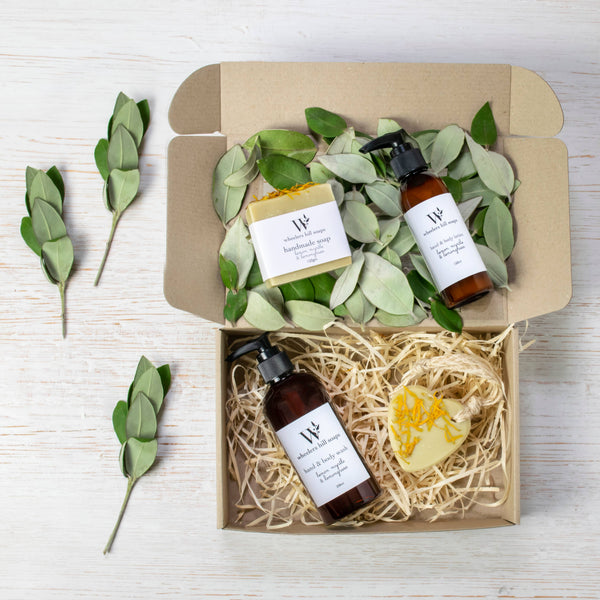 Lemon myrtle & lemongrass gift set by Wheelers Hill Soaps with wash, lotion, soap bar, and heart soap in natural eco packaging.