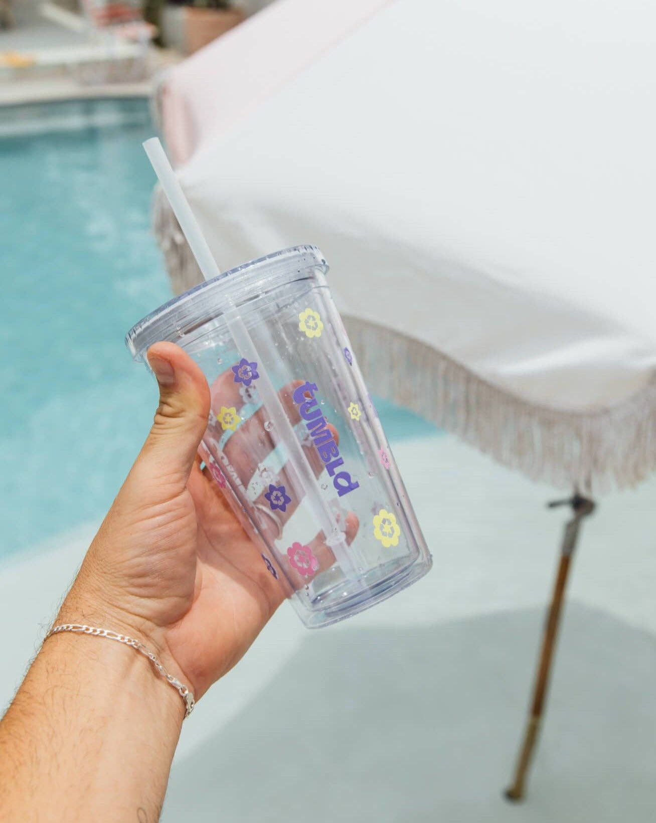 Insulated tumbler/coffee cup in clear floral  with a lid and straw, keeps beverages hot or cold with a sleek, modern finish.