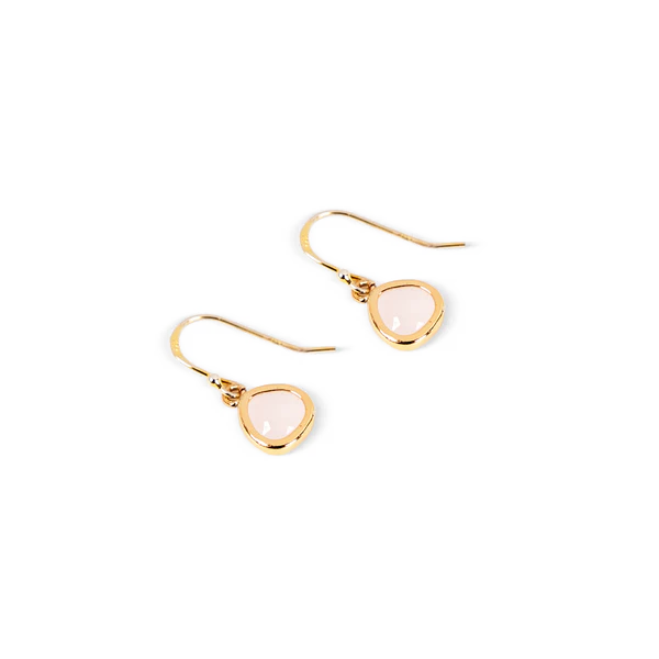 A pair of gold-tone drop earrings with teardrop-shaped pale pink glass stones, shown on a plain white background.