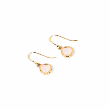 A pair of gold-tone drop earrings with teardrop-shaped pale pink glass stones, shown on a plain white background.