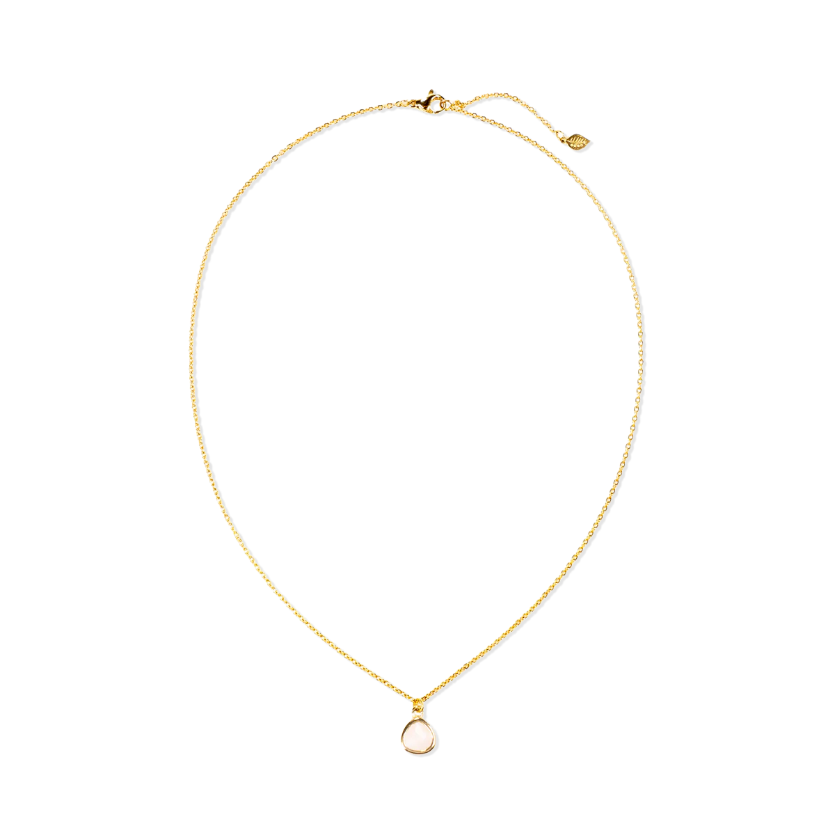 A delicate gold chain necklace with a small teardrop-shaped pale pink stone pendant, displayed on a clean white background—part of the Desert Sunrise collection.