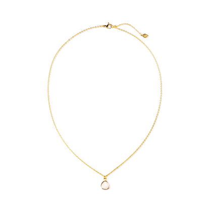 A delicate gold chain necklace with a small teardrop-shaped pale pink stone pendant, displayed on a clean white background—part of the Desert Sunrise collection.