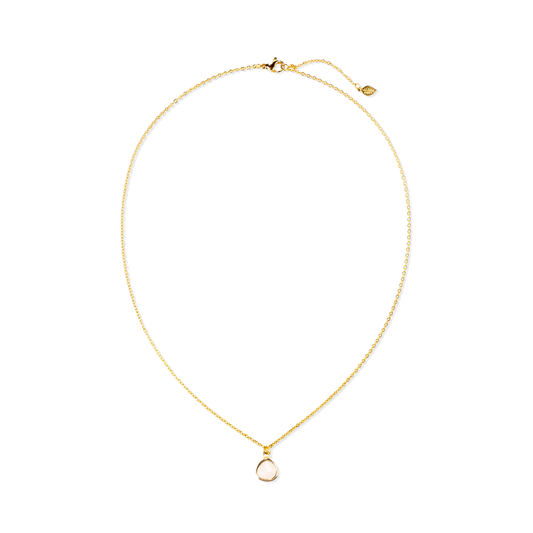 A delicate gold chain necklace with a small teardrop-shaped pale pink stone pendant, displayed on a clean white background—part of the Desert Sunrise collection.