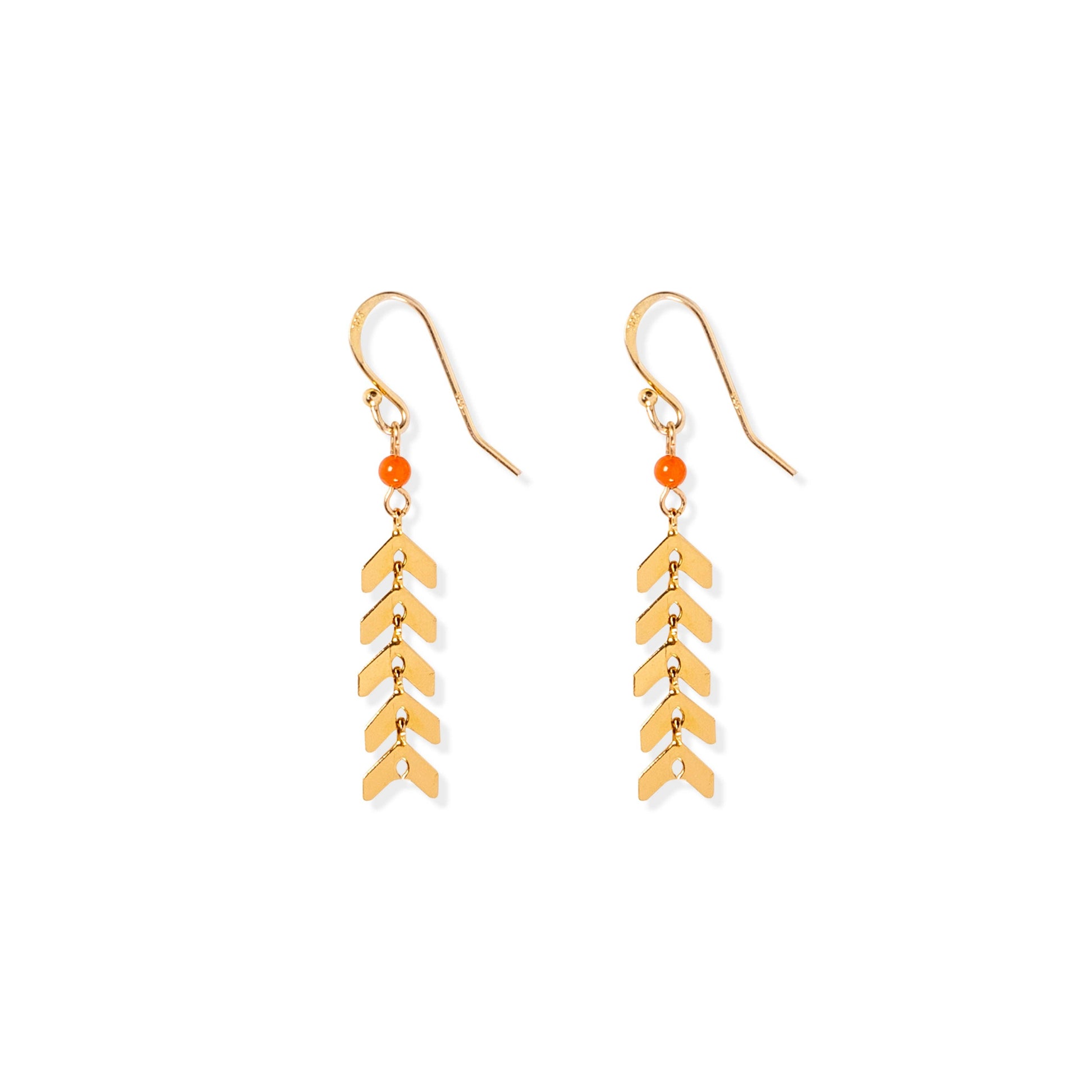 A pair of gold-plated dangle earrings with chevron-shaped pendants hanging in a vertical pattern. Each earring features a small, round, orange bead near the top, just below the gold-plated sterling silver hooks. The earrings have a delicate, nature-inspired design against a plain white background.