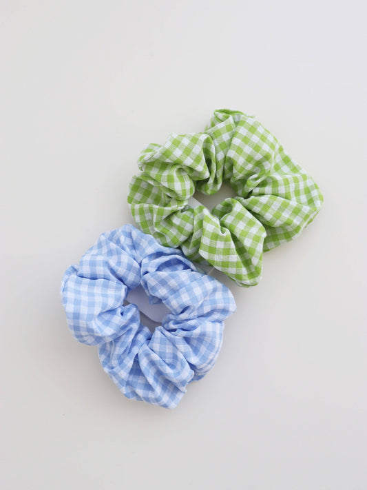 Gingham Scrunchies 2 Pack Set - Berry one green and one blue, on a light gray background.