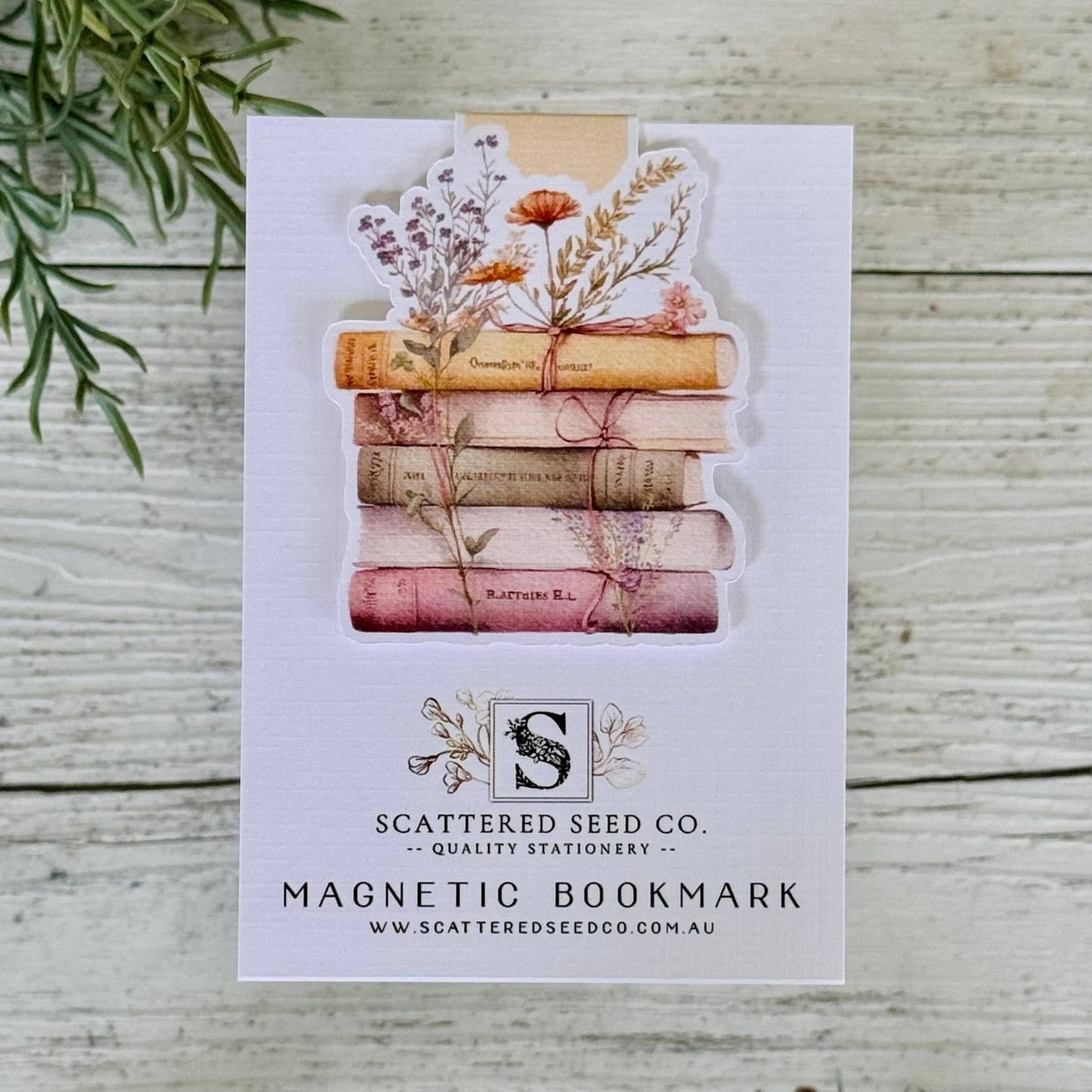 Magnetic bookmark with floral design on a Scattered Seed Co. card