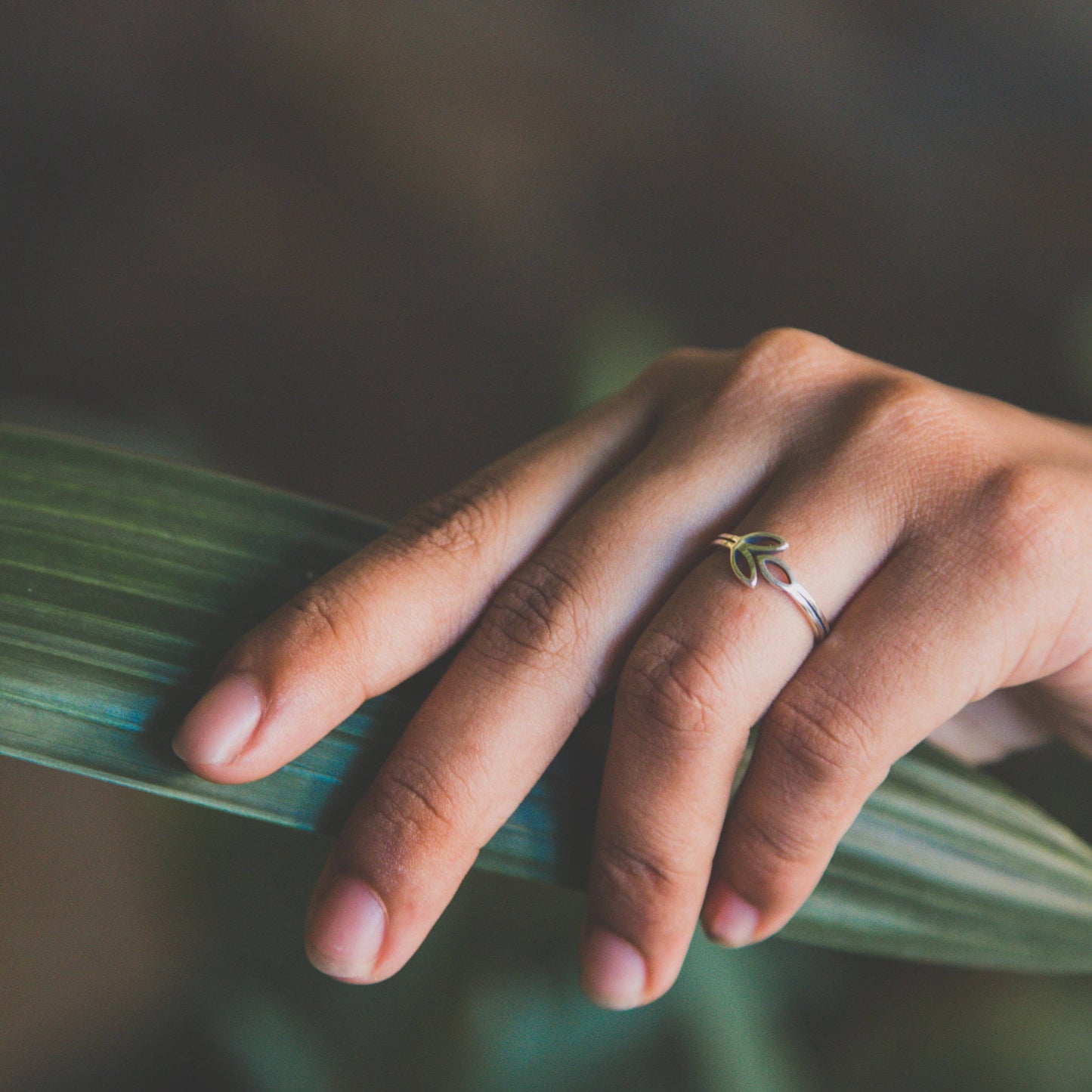 A delicate sterling silver ring featuring a olive branch design worn on a person's finger while resting on a green leaf.
