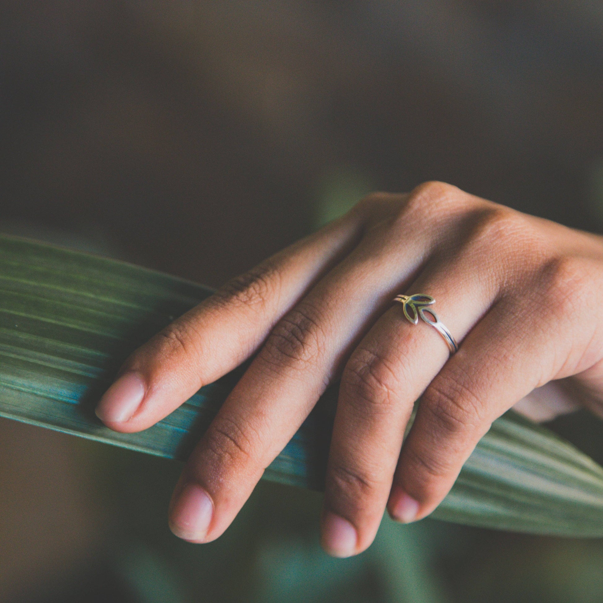 A delicate sterling silver ring featuring a olive branch design worn on a person's finger while resting on a green leaf.