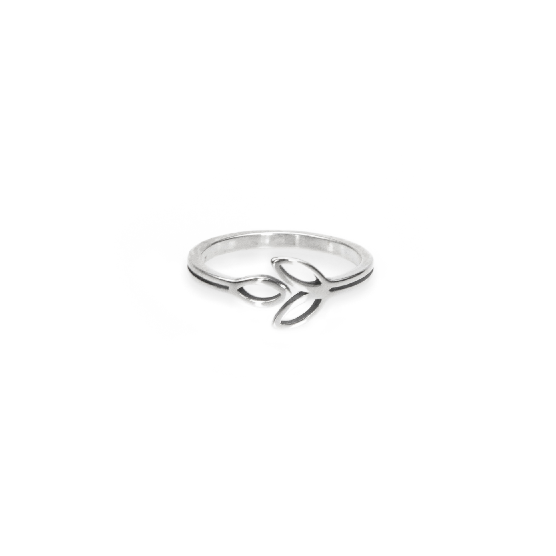 A delicate sterling silver ring featuring a stylized, olive branch design on a plain white background.