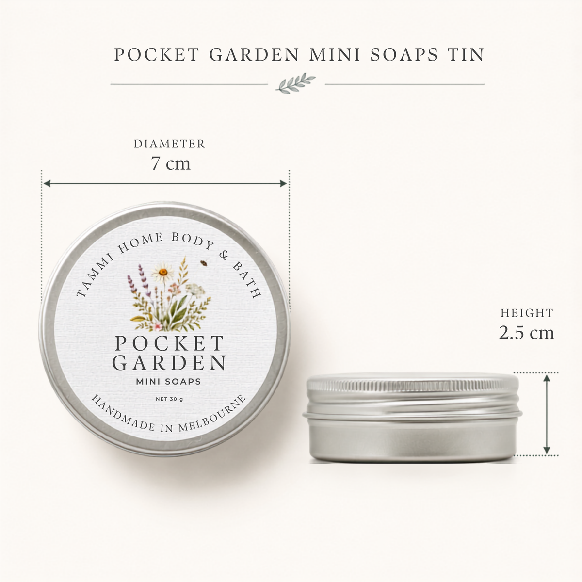 A silver metal tin of Pocket Garden Mini Soaps shown on a light beige background with dimension callouts indicating a diameter of 7 cm and height of 2.5 cm.