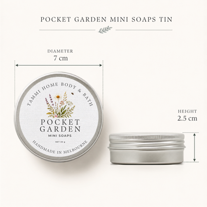 A silver metal tin of Pocket Garden Mini Soaps shown on a light beige background with dimension callouts indicating a diameter of 7 cm and height of 2.5 cm.