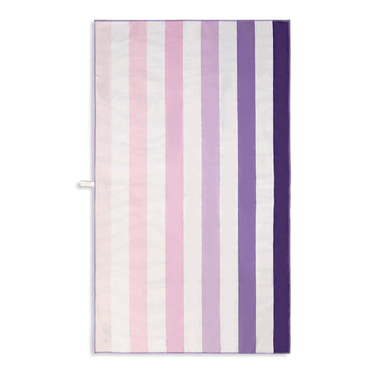 Sand-free beach towel with six vibrant stripes in a gradient of colours, transitioning smoothly from purple to pink tones.