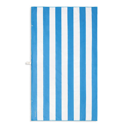 Sand free beach towel with bold Santorini blue and white stripes, offering a crisp, nautical-inspired design.