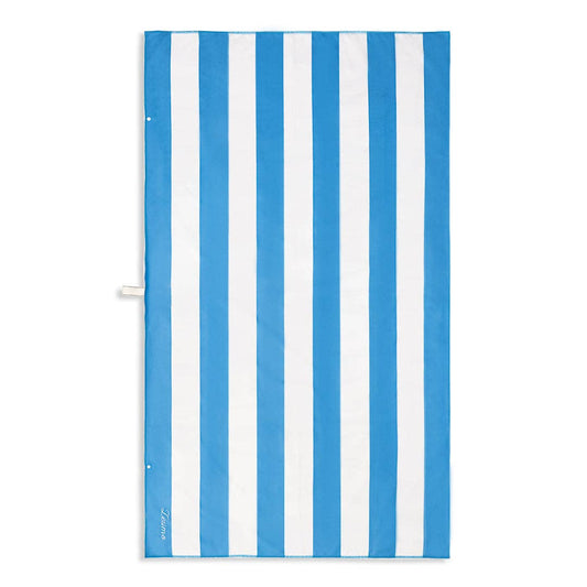 Sand free beach towel with bold Santorini blue and white stripes, offering a crisp, nautical-inspired design.