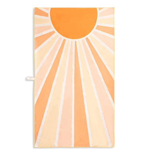 Sand Free Towel with a retro-inspired sun design featuring a large orange sun at the top. Sun rays in shades of orange, peach and creamy white radiate downward, creating a warm vibrant pattern.