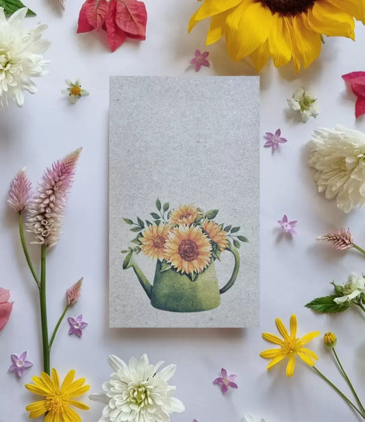 Packet of sunflower seeds with an illustration of sunflowers in a green watering can.