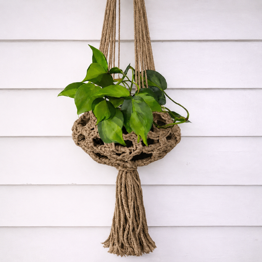 Taupe Macrame Plant Hanger, handmade cotton macrame with potted plant.