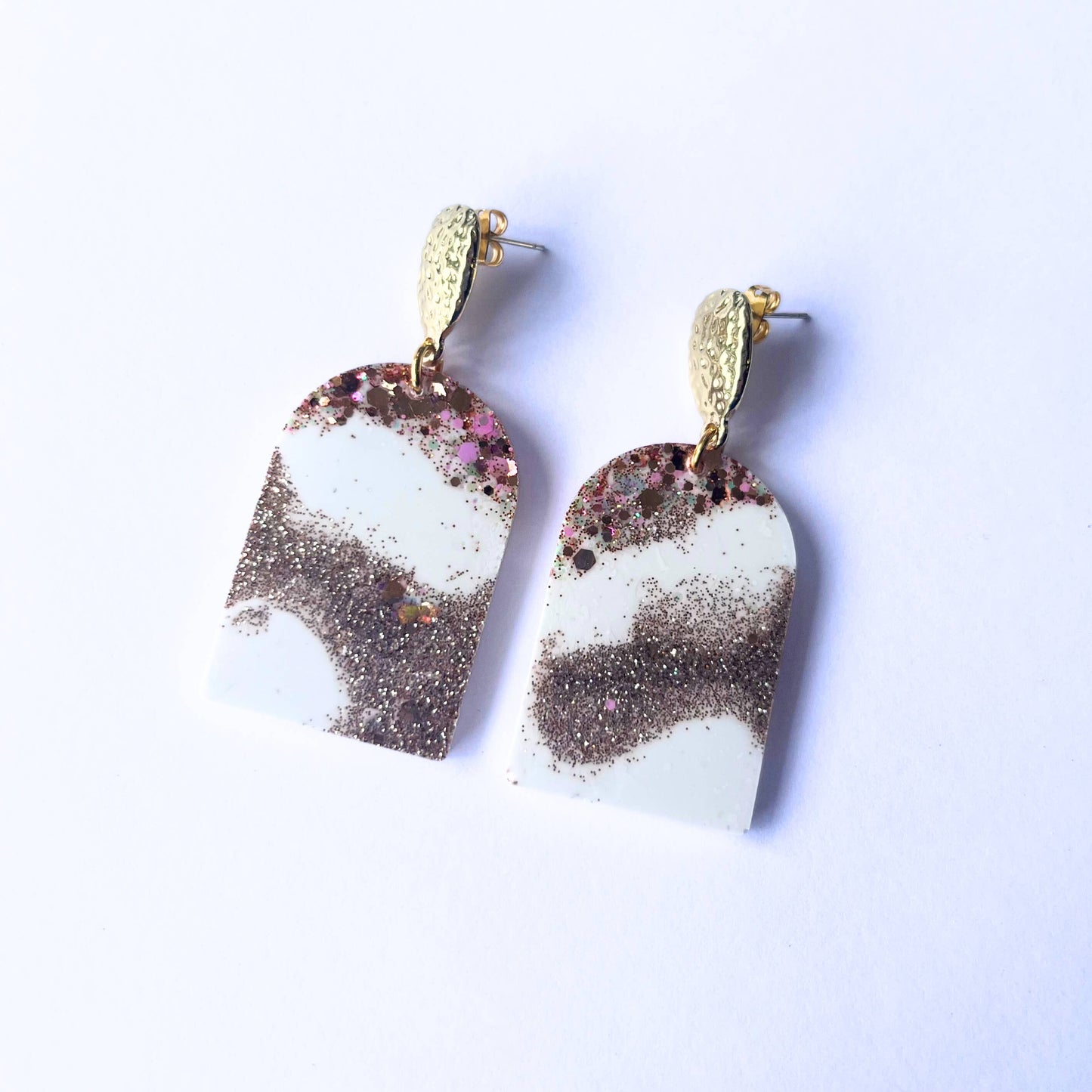 White Bronze Glitter Resin Gold Statement Arch Earrings
