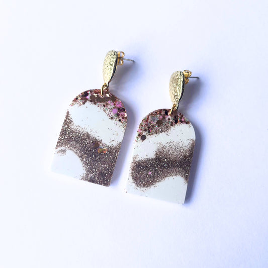 White Bronze Glitter Resin Gold Statement Arch Earrings
