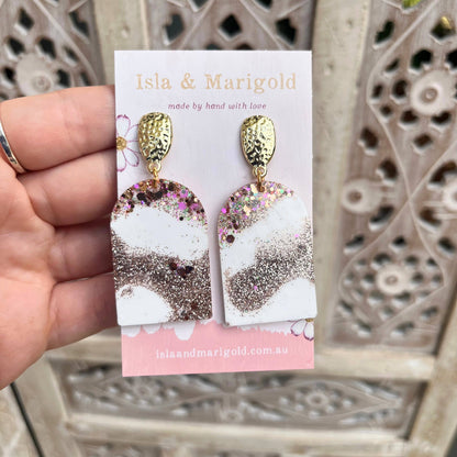 White Bronze Glitter Resin Gold Statement Arch Earrings