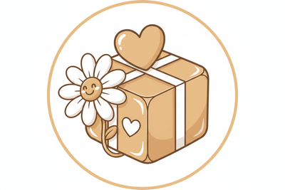 Create a cute animation icon image for shipping with a heart and daisy on it somewhere in colours white and #a99477