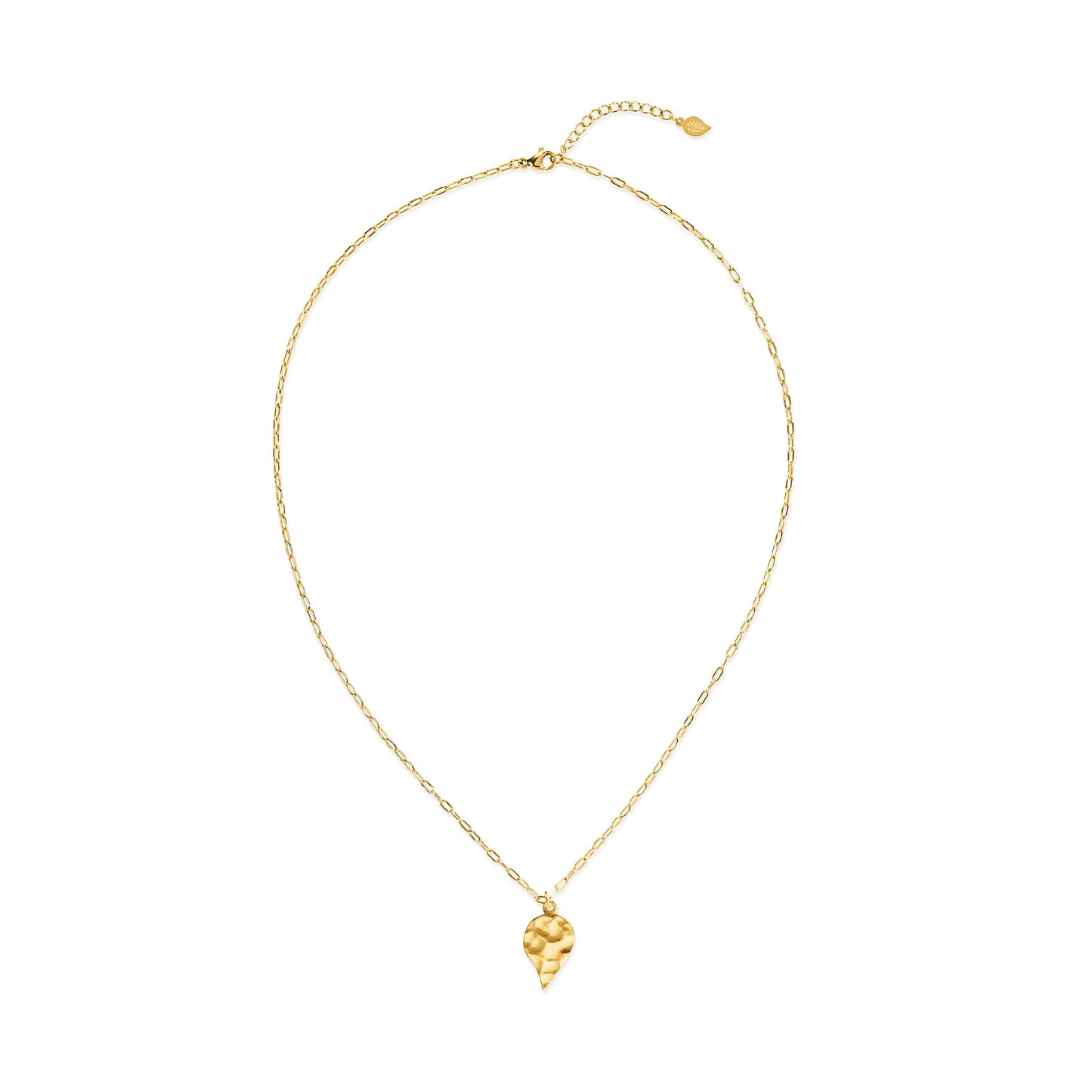 Gold necklace with a small pendant on a white background