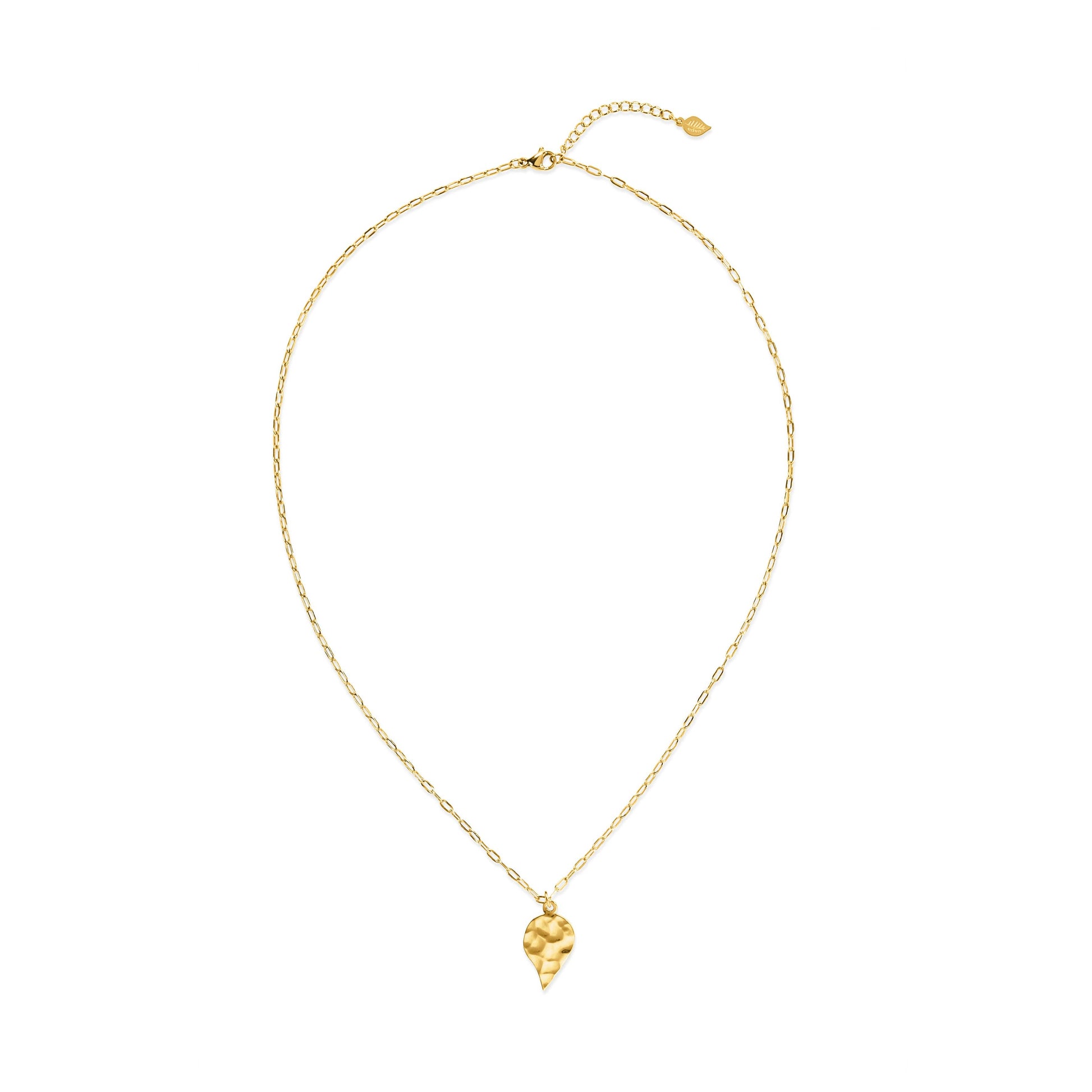 Gold necklace with a small pendant on a white background
