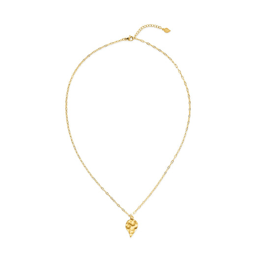 Gold necklace with a small pendant on a white background