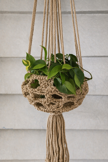 Taupe Macrame Plant Hanger by The Green Home, front view.